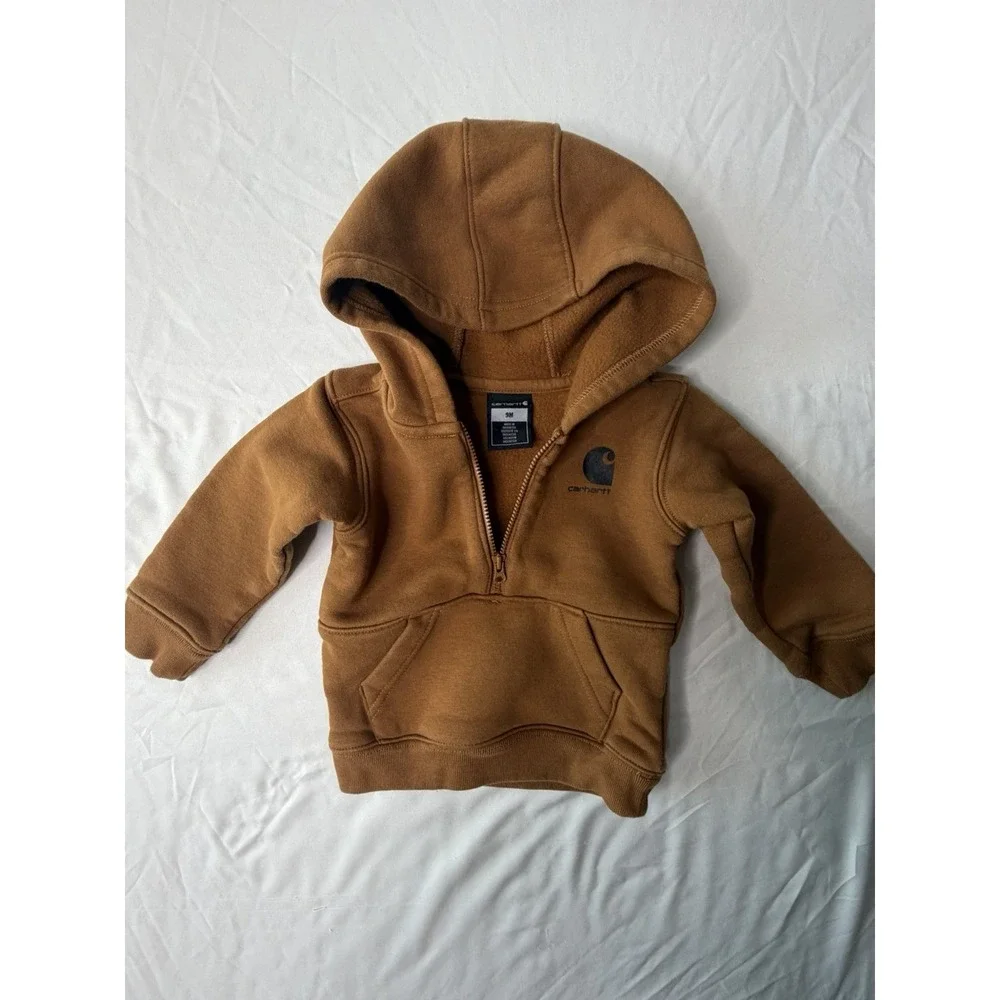 Carhartt Toddler Brown Quarter Zip Hoodie Sweatshirt 9M Baby Pullover